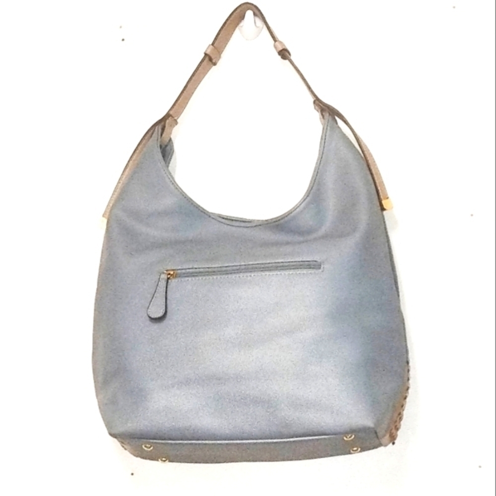 Blue Faux Leather Hobo Bag with Woven Rattan-Style Bottom Panels – Casual Should - Picture 2 of 9